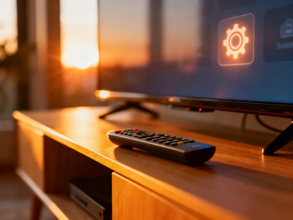 Pilot do telewizora leżący na drewnianej szafce na tle ekranu z widocznym menu ustawień.