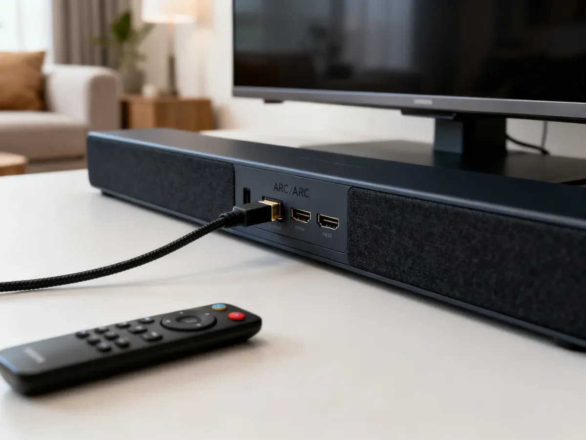 Telewizor połączony z soundbarem przewodem HDMI ARC