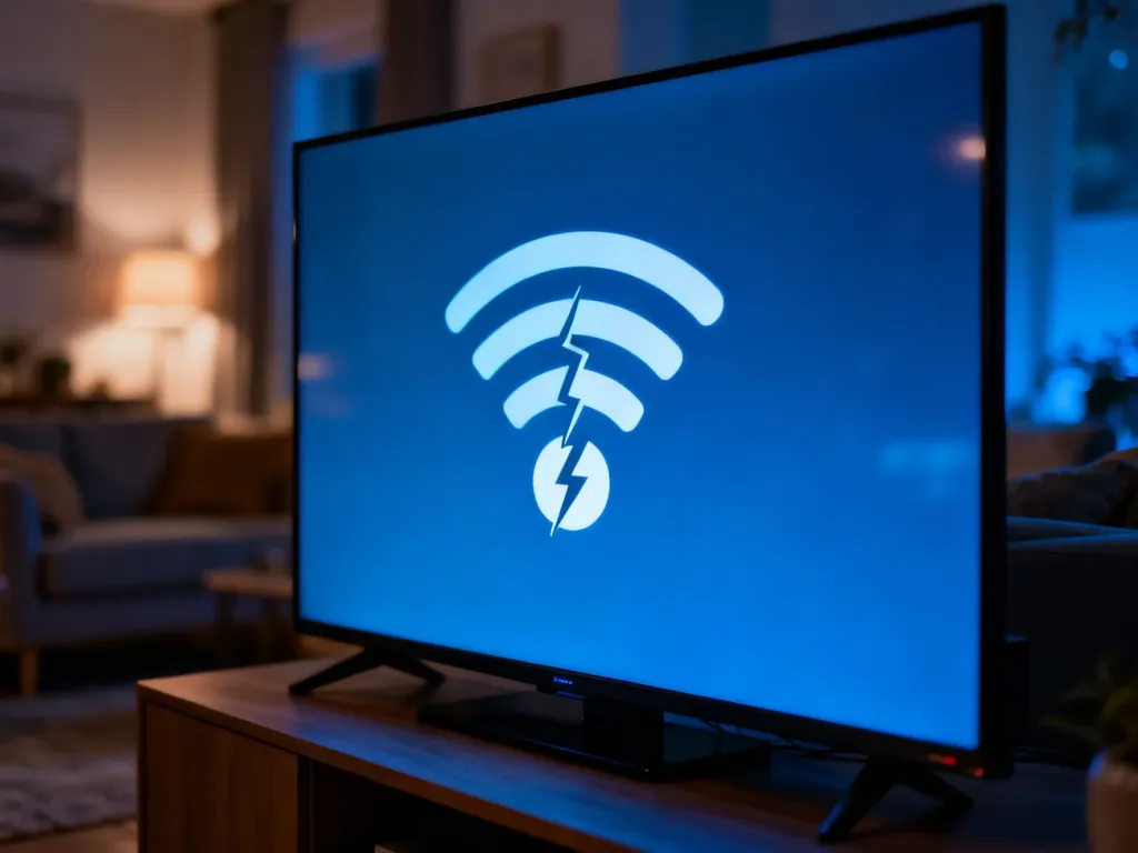 Ikona Wi-Fi z symbolem przerwanego połączenia na ekranie telewizora, sygnalizująca problemy z dostępem do sieci.