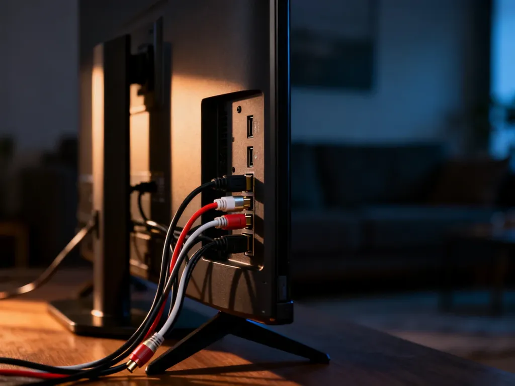 Zbiór splątanych kabli HDMI i audio podłączonych do tylnego panelu telewizora, będący przyczyną zakłóceń dźwięku.
