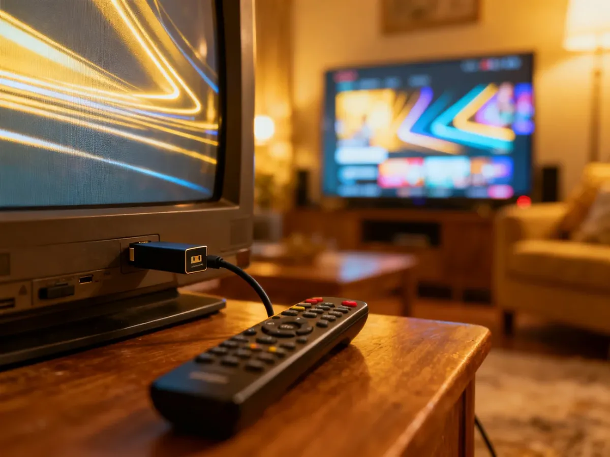 Starszy telewizor z podłączoną przystawką streamingową HDMI