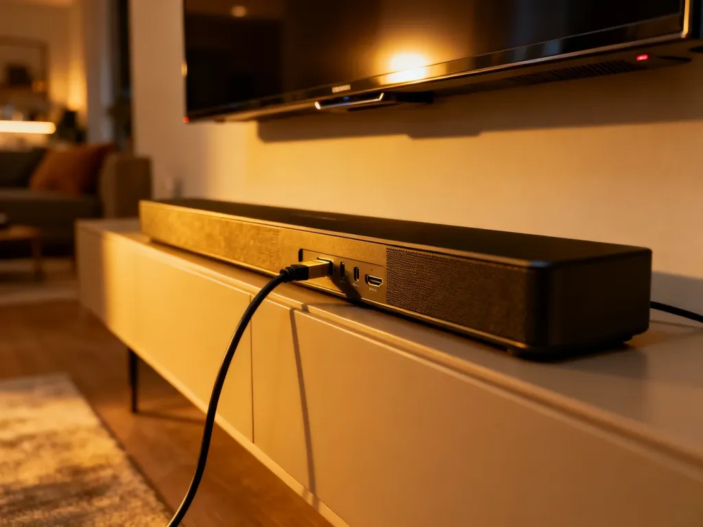Nowoczesny soundbar podłączony kablem HDMI do telewizora zamontowanego na ścianie w przytulnym salonie.