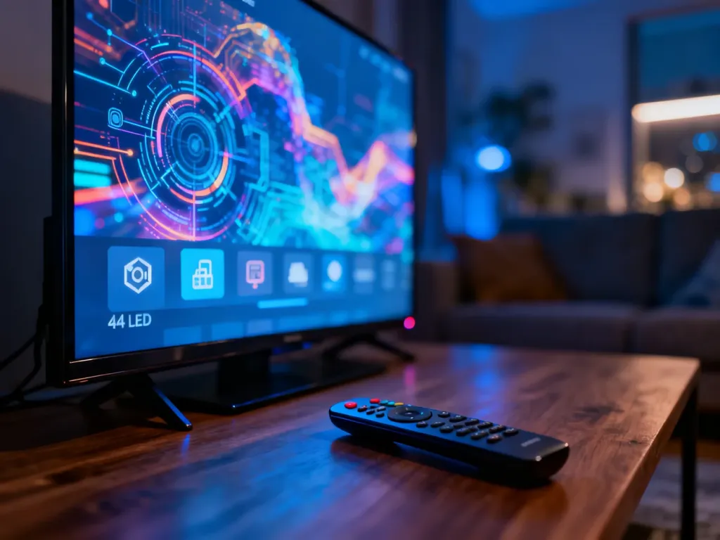 Nowoczesny telewizor 4K z wyświetlonym menu ustawień oraz pilot na stoliku, ilustrujące proces sprawdzania parametrów.