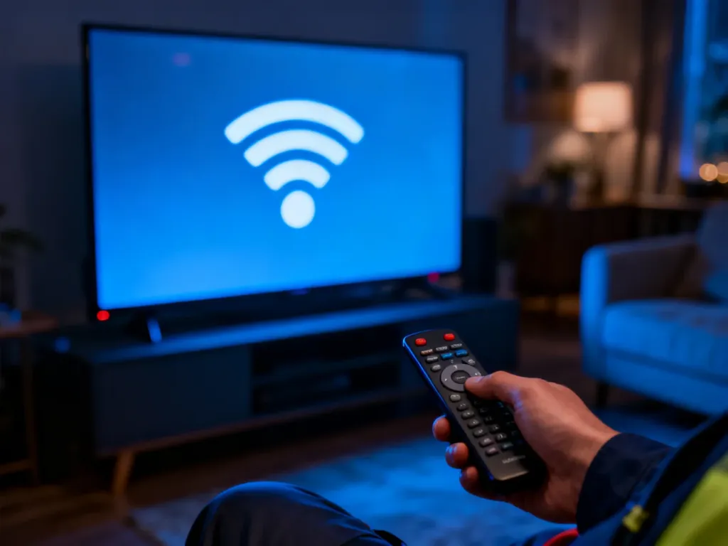 Dłoń trzymająca pilot przed ekranem telewizora z symbolem błędu połączenia Wi-Fi w zaciemnionym salonie.