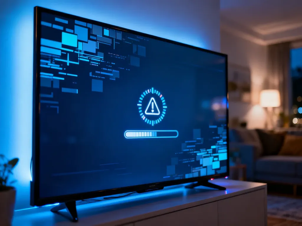 Ikona ładowania na ekranie telewizora, symbolizująca błąd lub zawieszenie procesu aktualizacji oprogramowania.