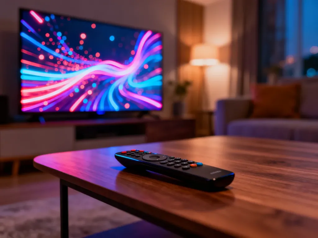 Nowoczesny telewizor z kolorowym wygaszaczem ekranu oraz pilot na stoliku kawowym w przytulnym salonie.