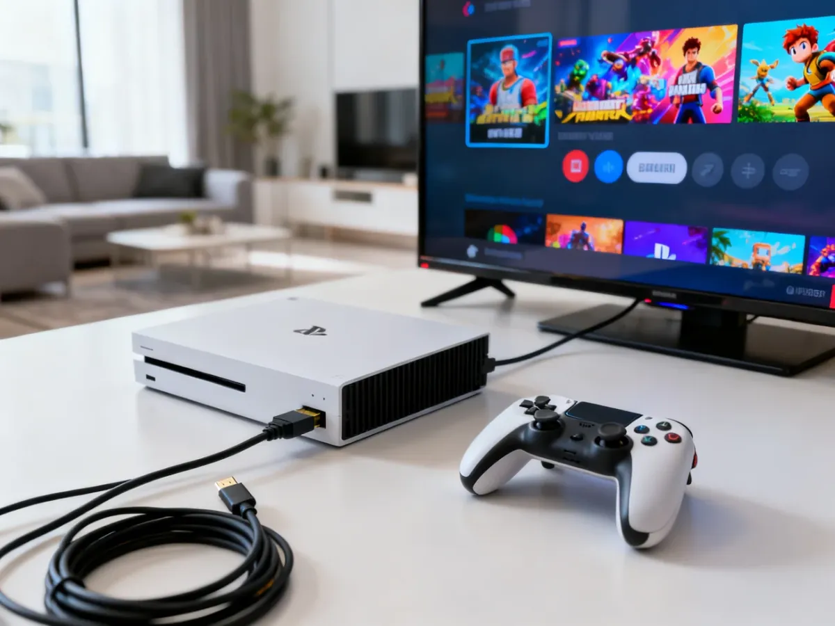 Nowoczesna konsola podłączona do telewizora przewodem HDMI