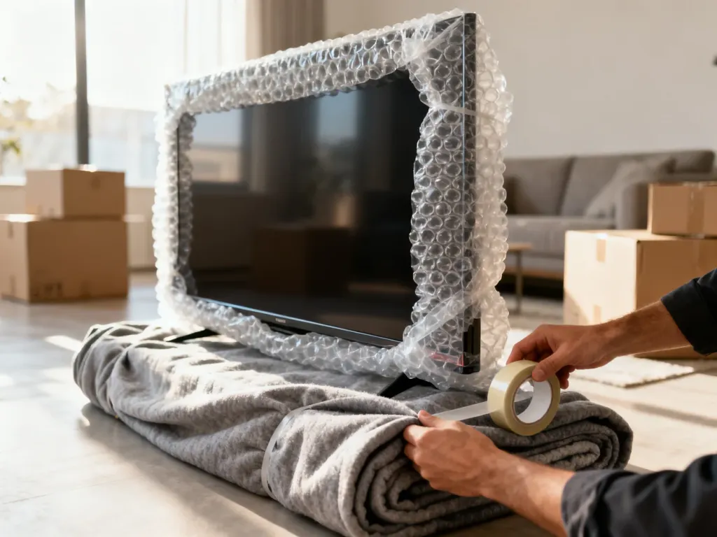 Osoba starannie owija duży telewizor folią bąbelkową i kocami ochronnymi, przygotowując go do bezpiecznego transportu.
