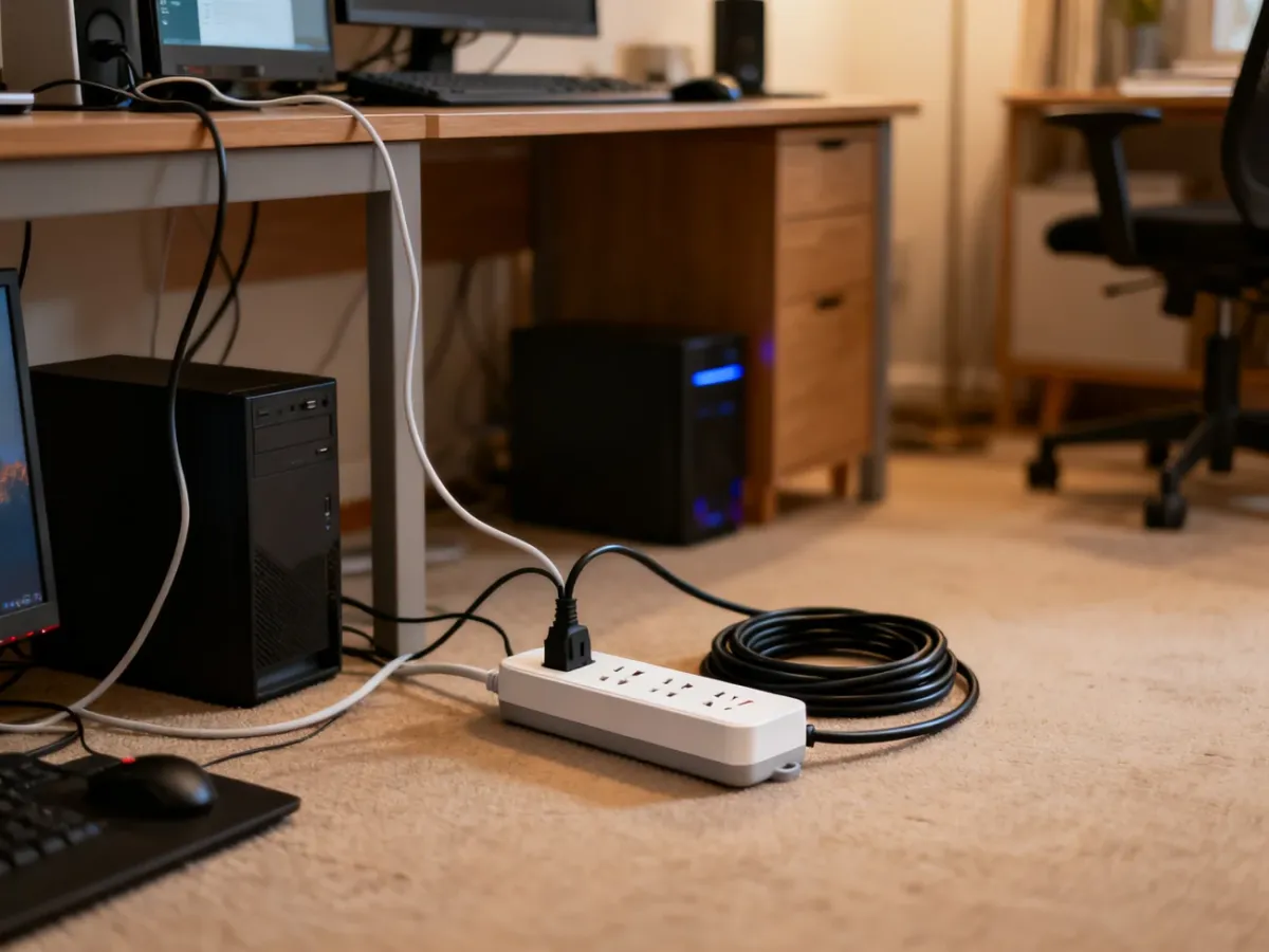 Listwa antyprzepięciowa z luźno ułożonym przewodem przy domowym sprzęcie elektronicznym