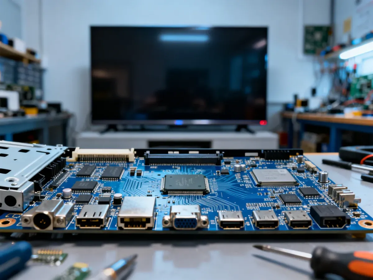 Płyta główna telewizora z widocznymi układami elektronicznymi i portami HDMI
