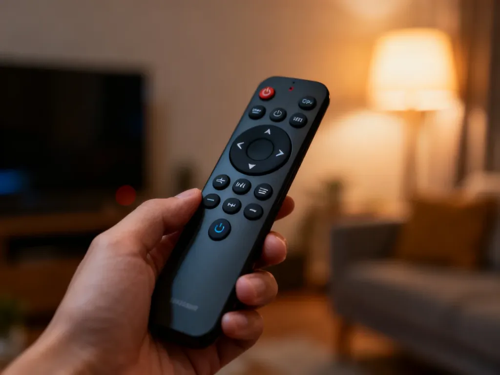 Dłoń trzymająca nowoczesny pilot do telewizora na tle przytulnego salonu. Obraz ilustruje proces obsługi ustawień odbiornika.