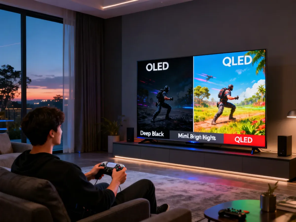 Telewizor w salonie ukazujący różnice między technologiami OLED, Mini-LED i QLED