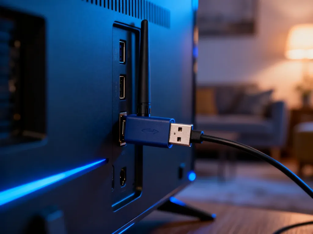 Nowoczesny adapter Wi-Fi USB podłączony do portu w tylnej części telewizora LED w przytulnym salonie.