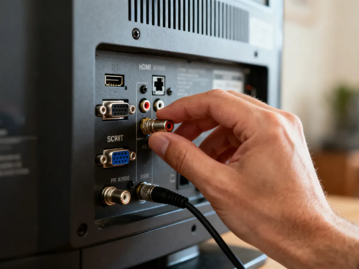 Tylny panel starszego telewizora z gniazdami HDMI, SCART i RF