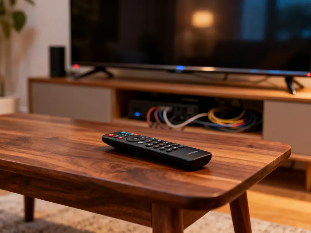 Uniwersalny pilot leżący na stoliku kawowym, skierowany w stronę włączonego telewizora w przytulnym salonie.