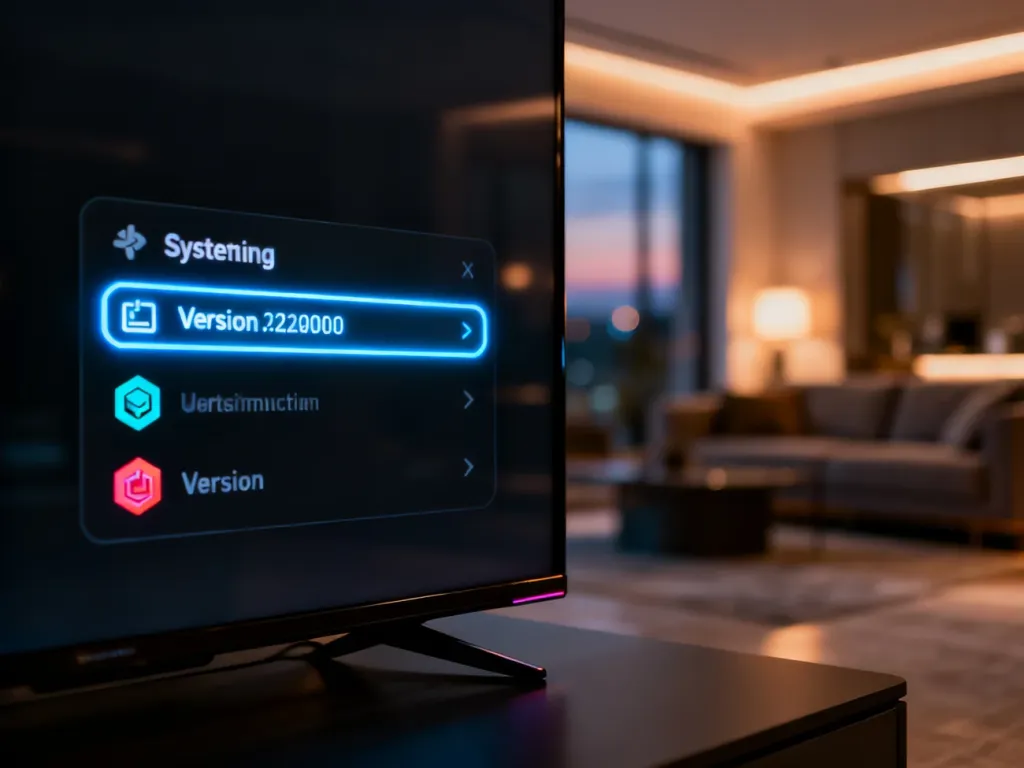 Menu ustawień systemu na ekranie nowoczesnego telewizora z wyróżnionym numerem wersji oprogramowania.