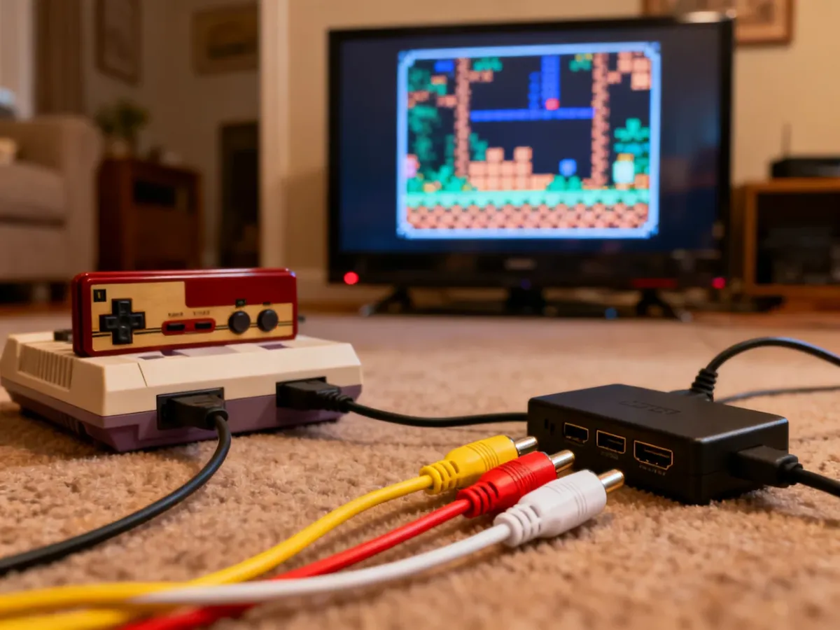 Konsola retro podłączona do nowego telewizora przez konwerter AV-HDMI