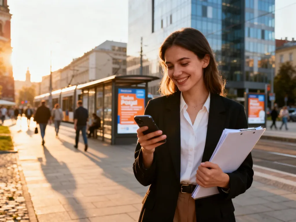 Młoda kobieta w smart casual przegląda oferty pracy na telefonie na tle krakowskiej ulicy i biurowców, no text on the picture