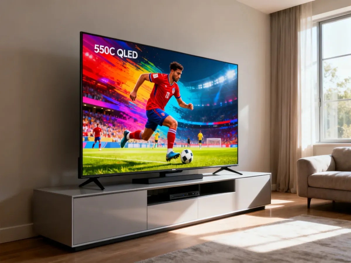 55-calowy telewizor QLED w jasnym salonie podczas oglądania sportu
