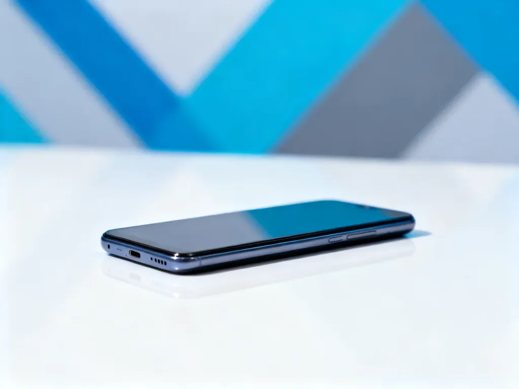 Nowoczesny smartfon budżetowy na białym tle, prezentujący elegancki design urządzenia.