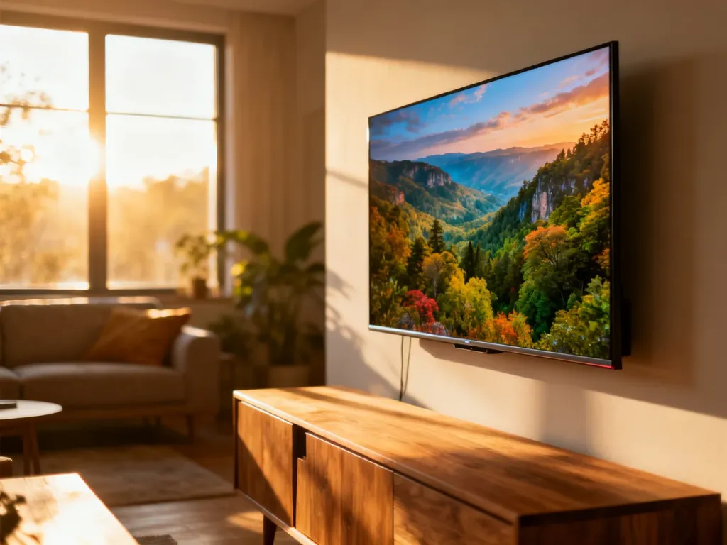 Nowoczesny telewizor 4K z wyraźnym obrazem natury, zamontowany na minimalistycznej ścianie w przytulnym salonie.
