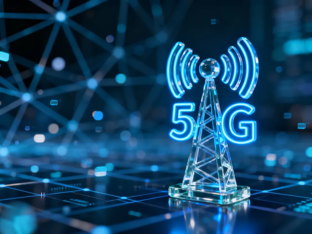 Szklana ikona masztu 5G z neonowym podświetleniem na tle cyfrowej sieci, symbolizująca nowoczesną infrastrukturę mobilną.