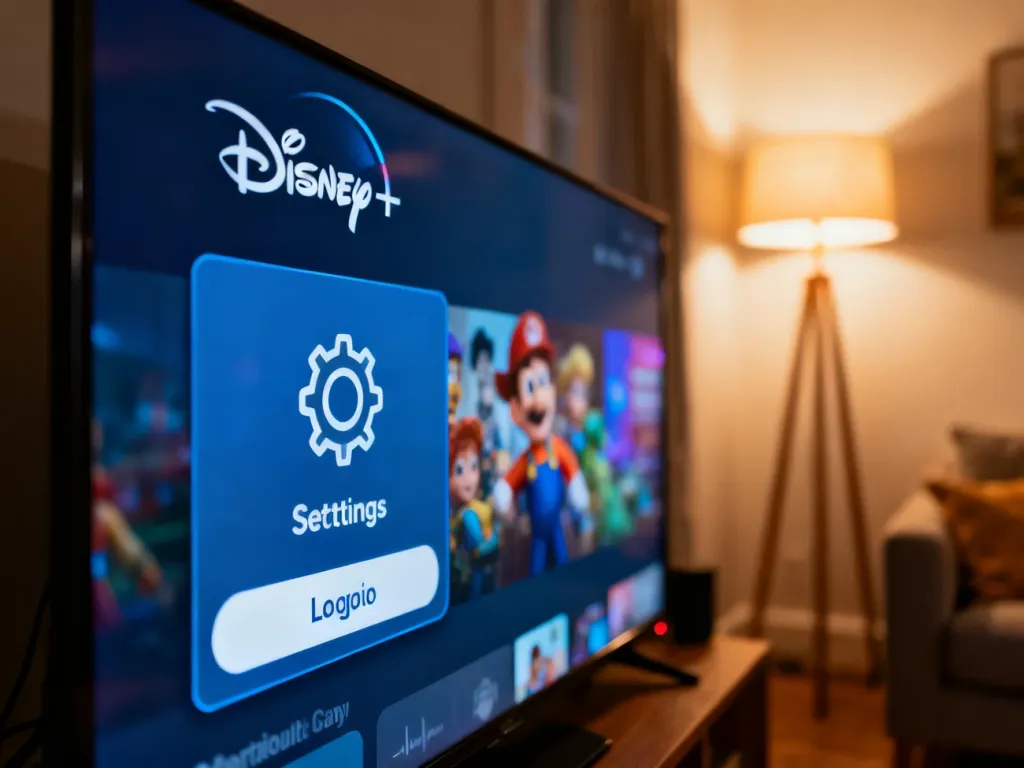 Ekran telewizora z otwartym menu ustawień aplikacji Disney Plus, wskazujący opcję wylogowania w przytulnym salonie.