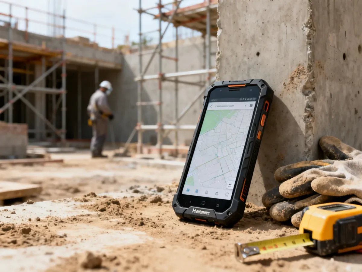 Wzmocniony smartfon używany na placu budowy obok rękawic i narzędzi