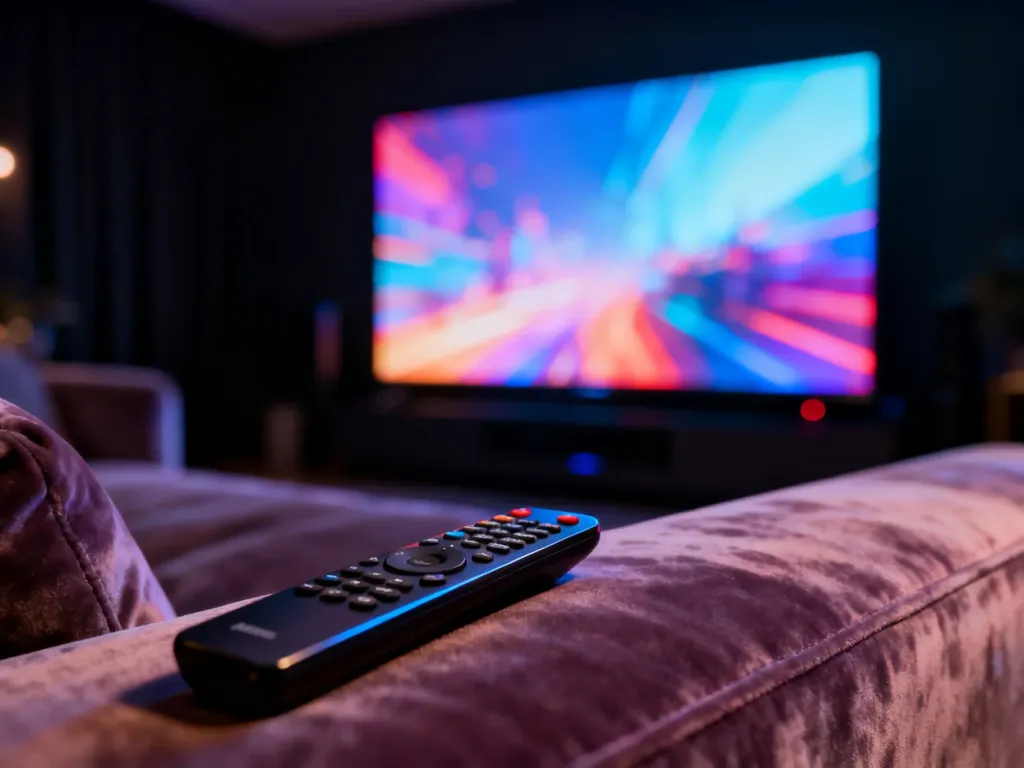 Nowoczesny zestaw kina domowego z dużym telewizorem i pilotem na kanapie, tworzący idealne warunki do oglądania filmów.