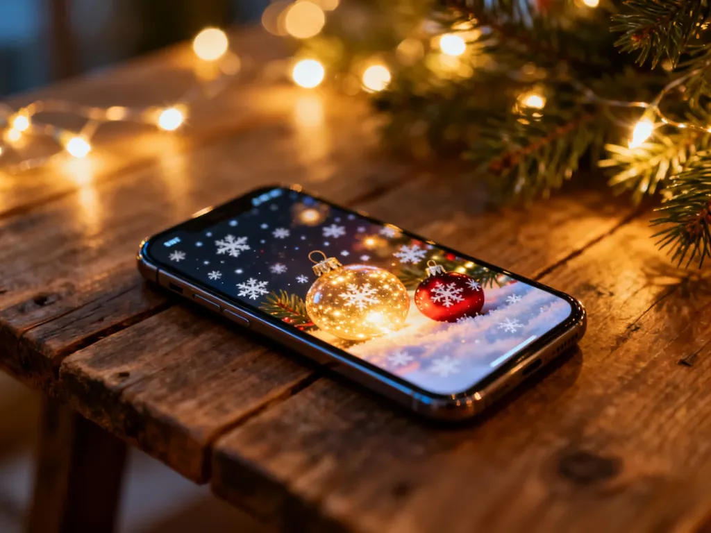 Smartfon z nastrojową świąteczną tapetą leżący na drewnianym stole w otoczeniu migoczących lampek.