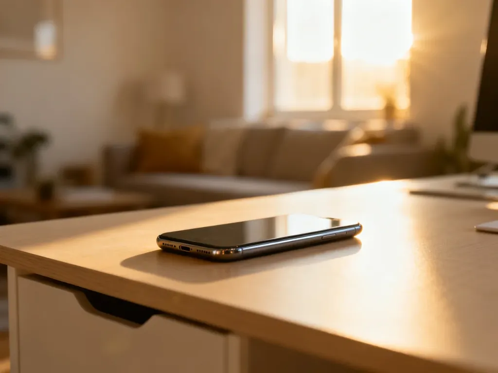 Nowoczesny smartfon na drewnianym biurku w słonecznym domowym biurze, ilustrujący wybór telefonu w ofercie abonamentowej.