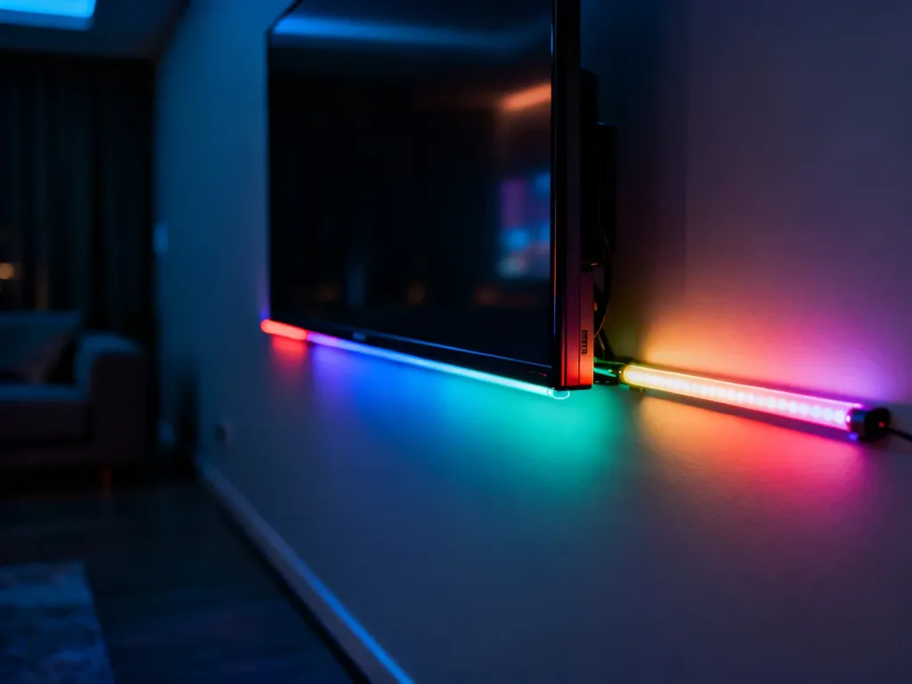Nowoczesny telewizor z włączonym kolorowym podświetleniem LED, tworzącym nastrojowy efekt kinowy na ścianie w salonie.