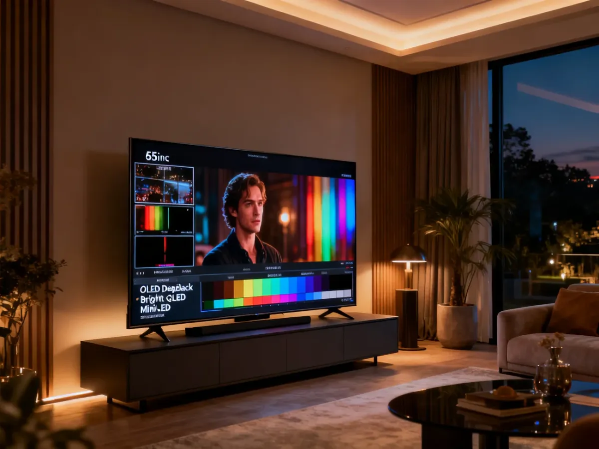 Telewizor Smart TV 55 cali w nowoczesnym salonie podczas wieczornego seansu
