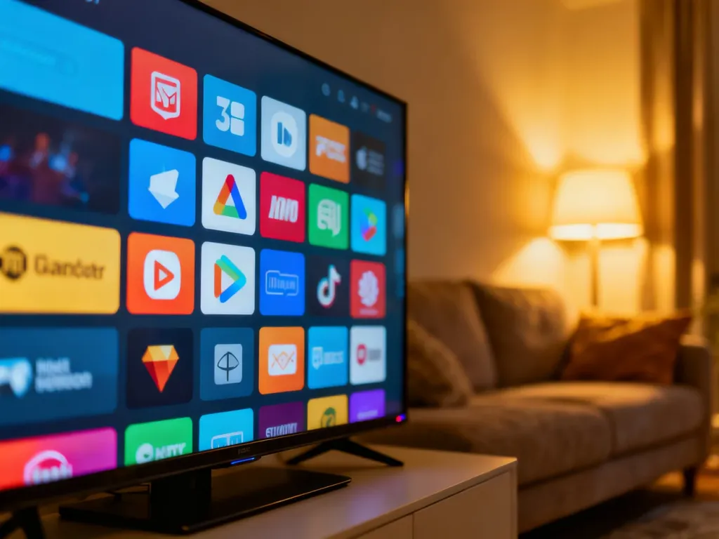 Ekran nowoczesnego telewizora z widoczną siatką ikon aplikacji w przytulnym, domowym salonie.