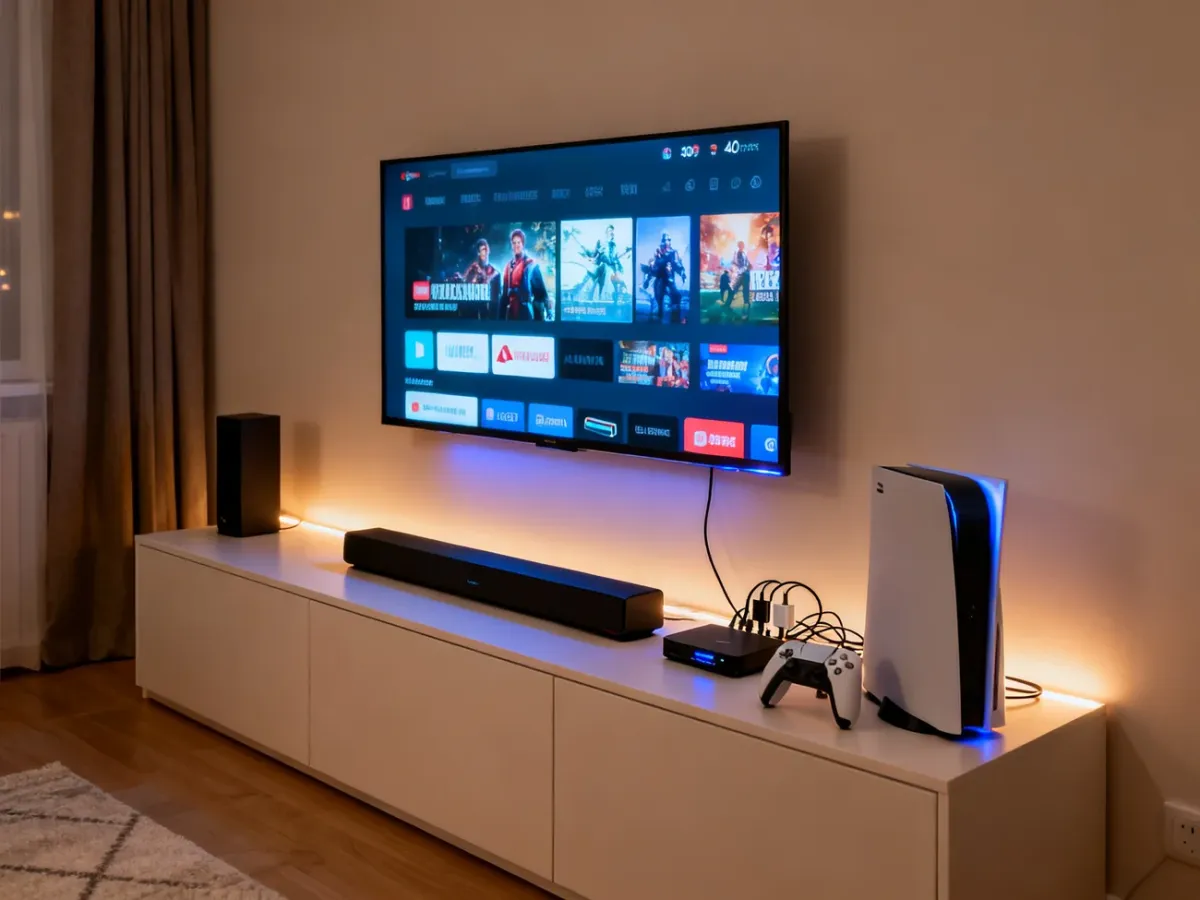 Telewizor 40-calowy w kompaktowym salonie z soundbarem, konsolą i dekoderem