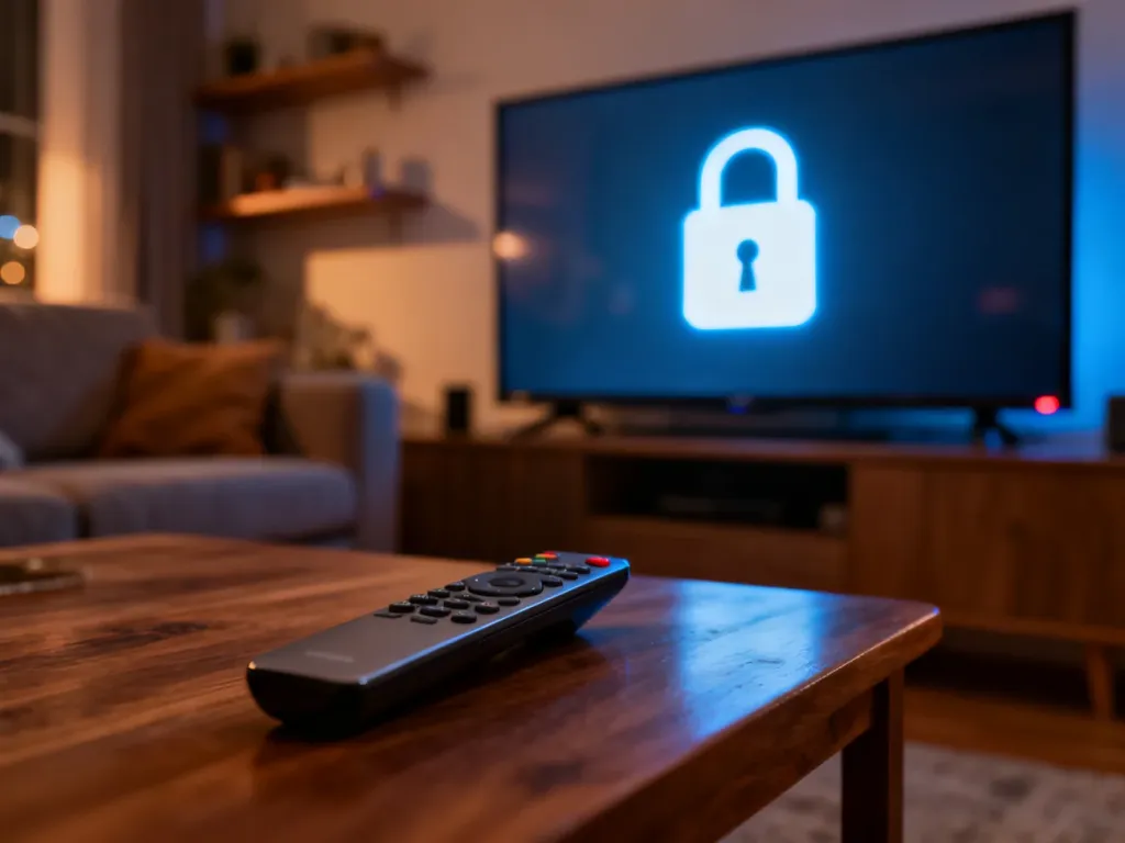Nowoczesny telewizor z ikoną kłódki na ekranie oraz pilot na stoliku, symbolizujące aktywną blokadę rodzicielską.