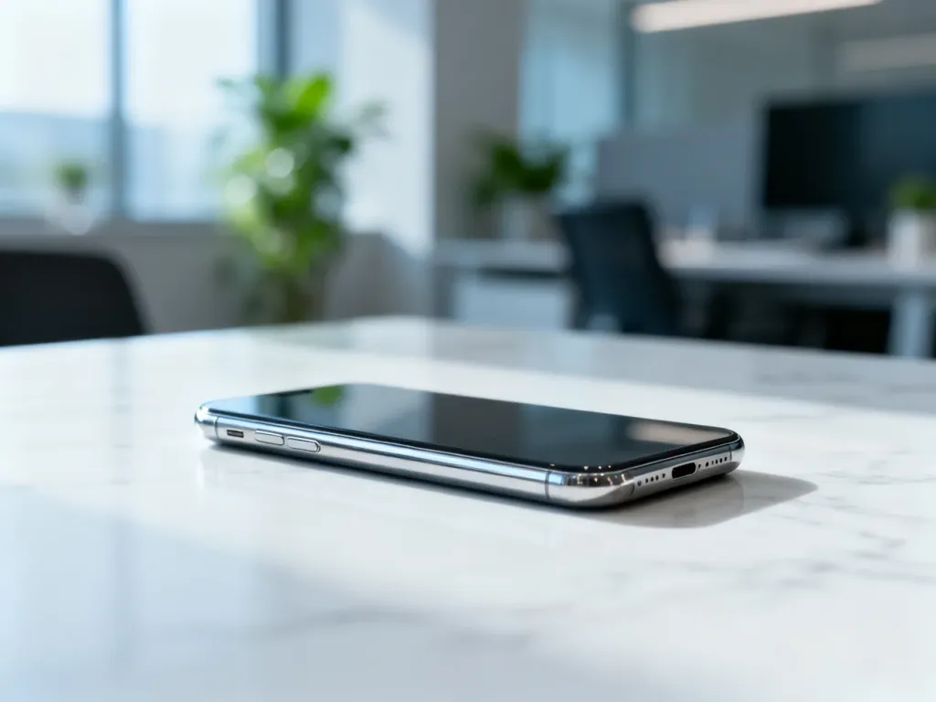 Google Pixel 9 Pro leżący na marmurowym biurku w nowoczesnym biurze. Elegancki smartfon w profesjonalnym oświetleniu.
