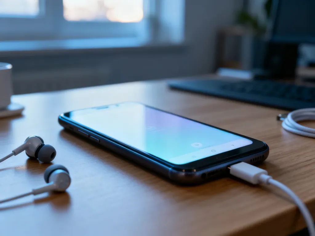 Nowoczesny budżetowy smartfon na drewnianym biurku z akcesoriami, prezentujący estetykę niedrogich urządzeń mobilnych.