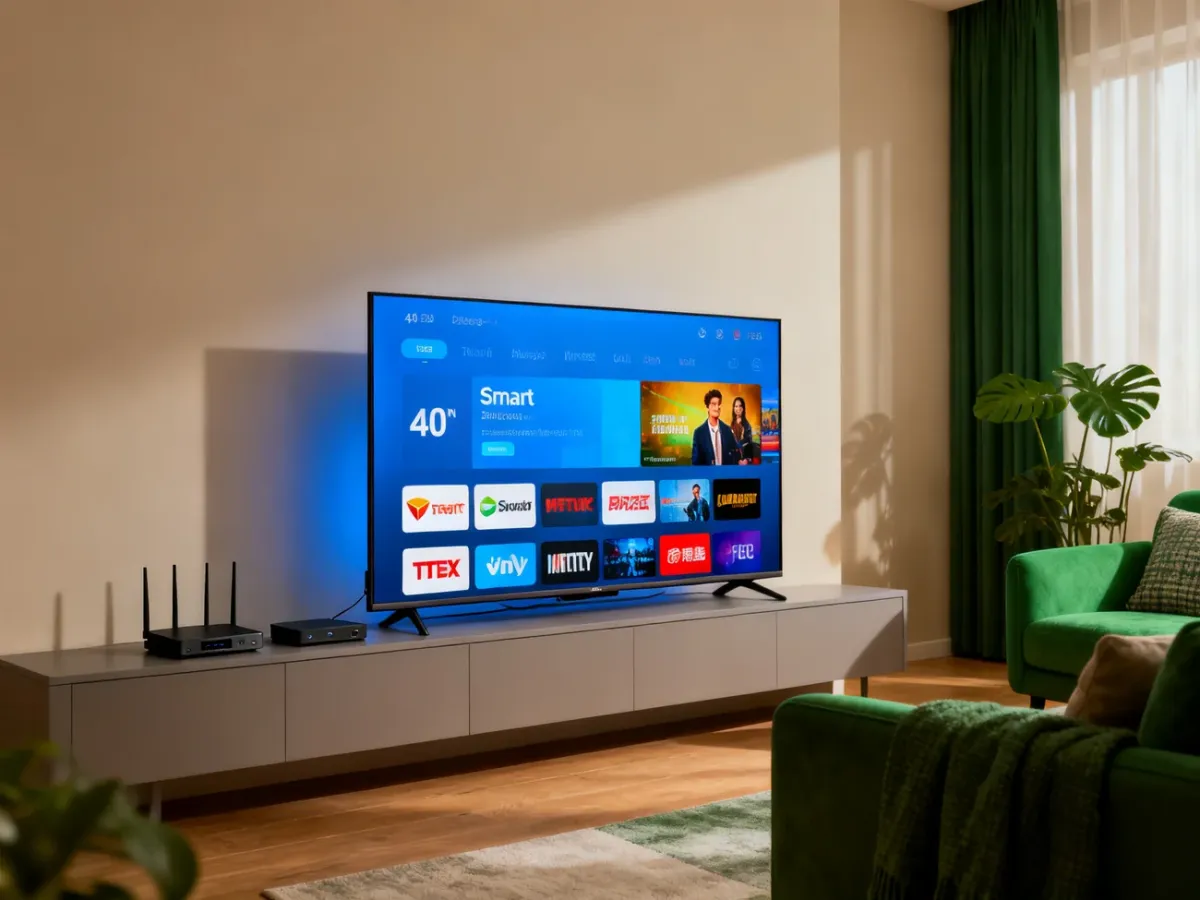 40-calowy telewizor Smart TV w nowoczesnym wnętrzu z urządzeniami do odbioru telewizji