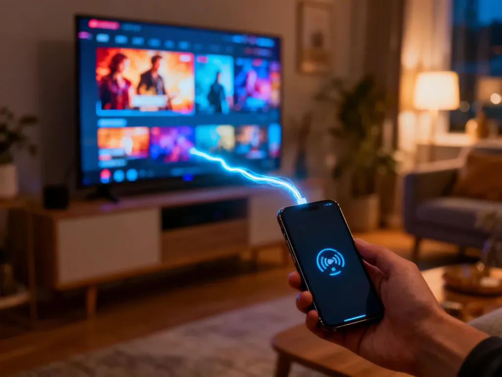Smartfon przesyłający obraz z aplikacji Disney Plus na ekran telewizora za pomocą cyfrowego połączenia.