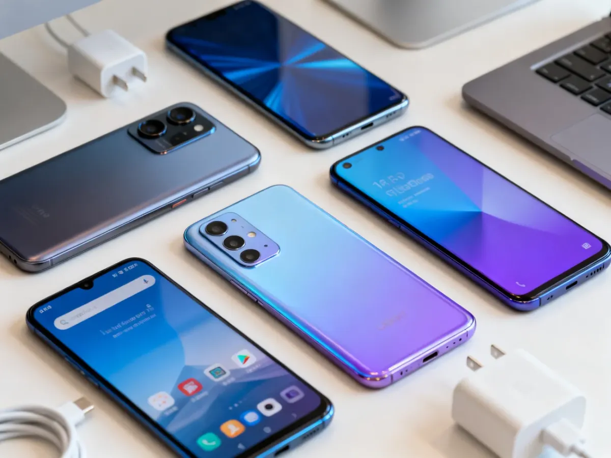 Różne smartfony ułożone na biurku podczas porównania modeli