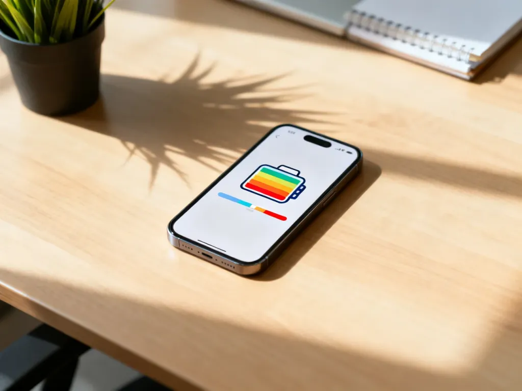 Nowoczesny smartfon na biurku z wyświetlonym graficznym wskaźnikiem zapełnionej pamięci telefonu.