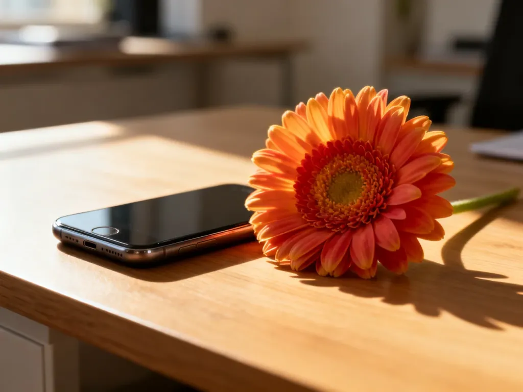 Nowoczesny smartfon leżący na drewnianym biurku podczas wykonywania szczegółowego zdjęcia makro kwiatu.