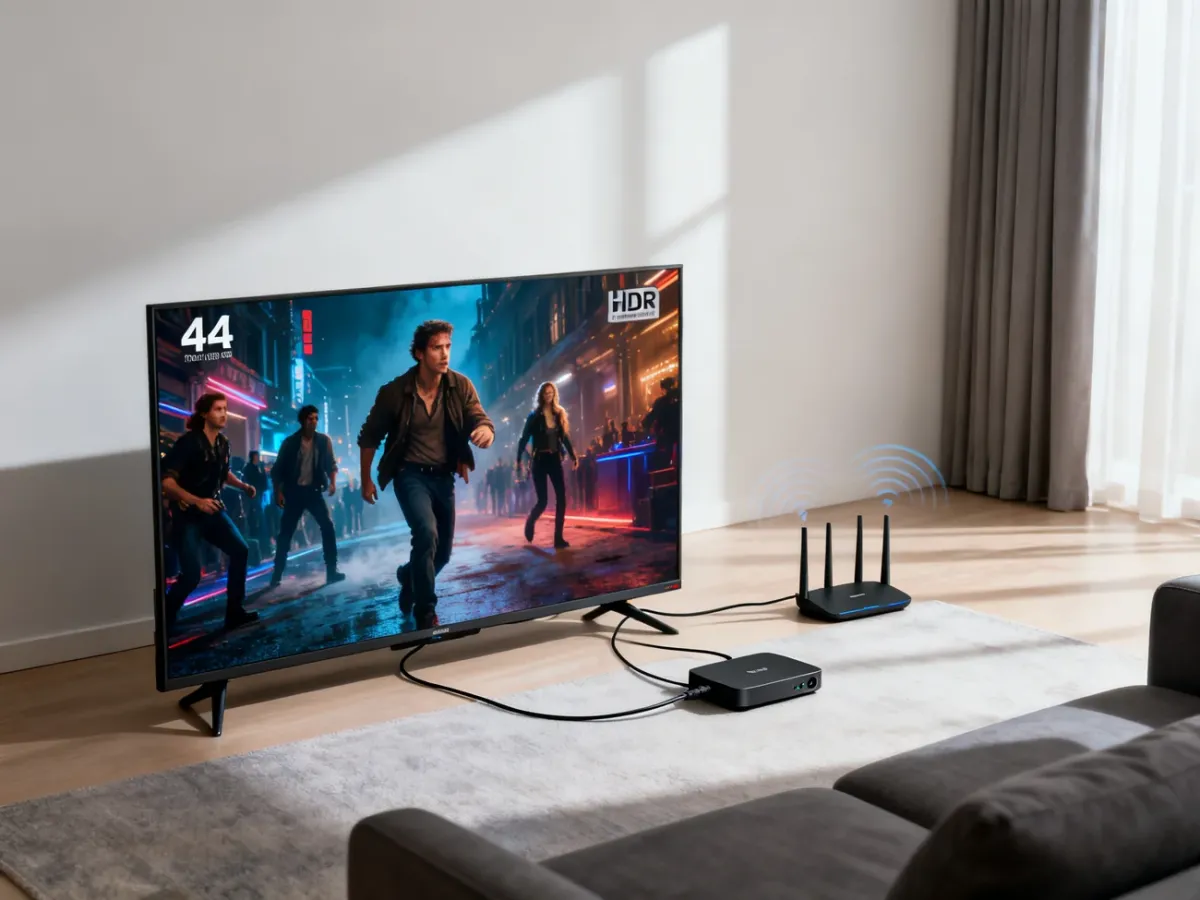 Telewizor 4K HDR wyświetlający film w jasnym, szczegółowym obrazie w nowoczesnym salonie