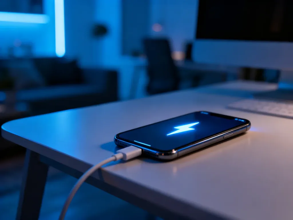 Nowoczesny smartfon podłączony do szybkiej ładowarki z ikoną błyskawicy na ekranie, symbolizującą proces szybkiego ładowania.