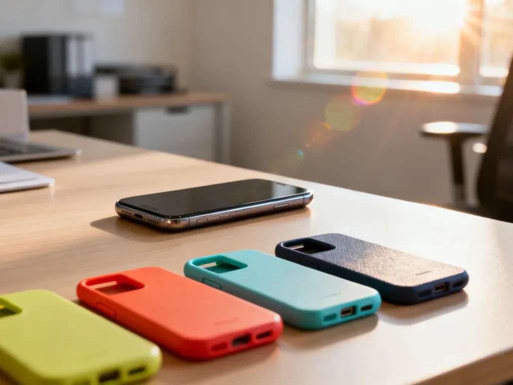 Eleganckie etui na iPhone'a ułożone na drewnianym biurku w słonecznym biurze.