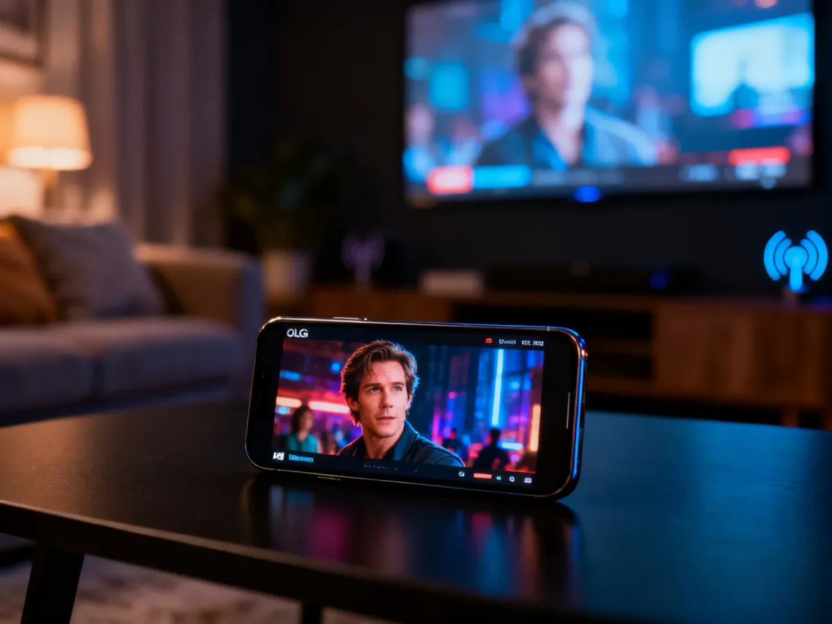 Smartfon z ekranem OLED wyświetlający film w jakości HDR w zaciemnionym pomieszczeniu