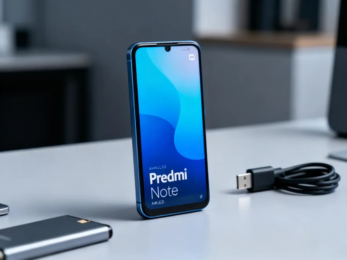 Smartfon Redmi Note na biurku z widocznym ekranem AMOLED