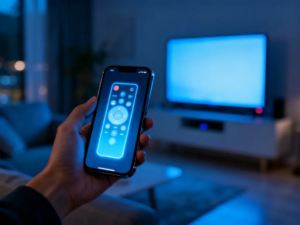 Smartfon z aplikacją pilota do telewizora w dłoni na tle nowoczesnego salonu.