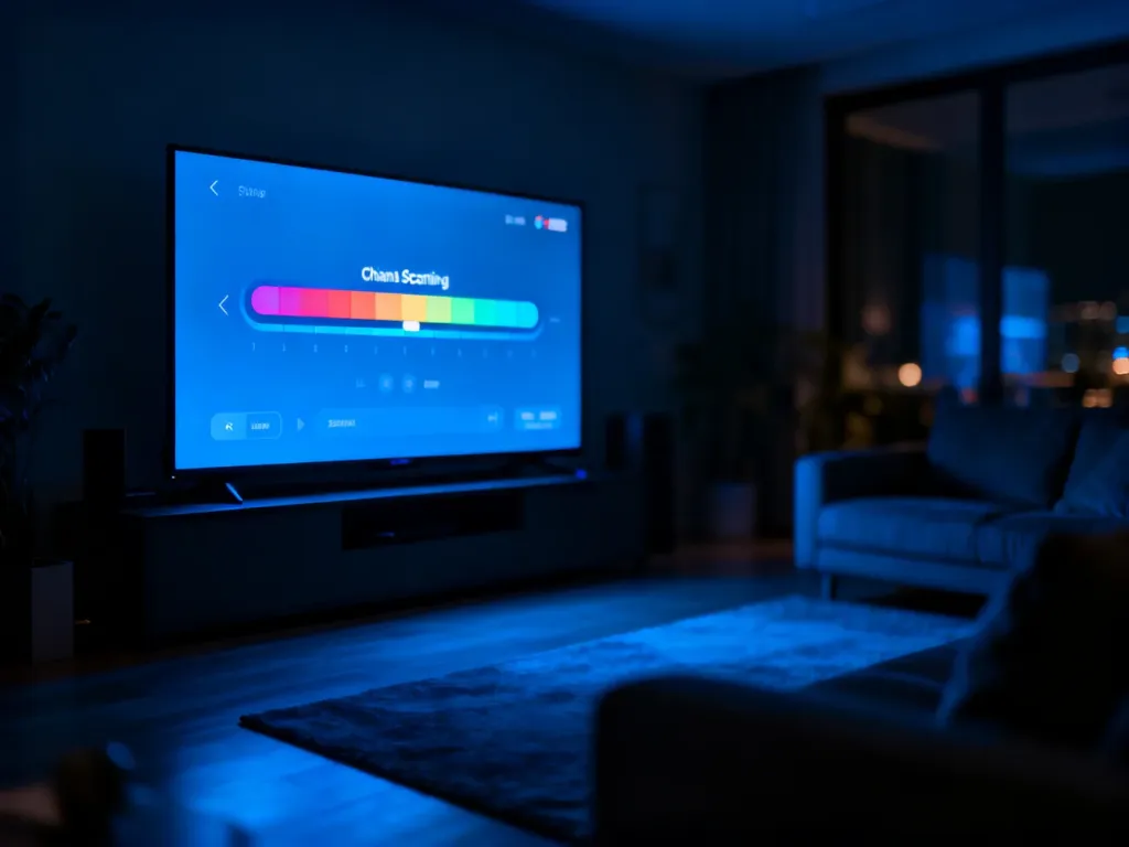 Ekran nowoczesnego telewizora z paskiem postępu skanowania kanałów cyfrowych w przyciemnionym salonie.